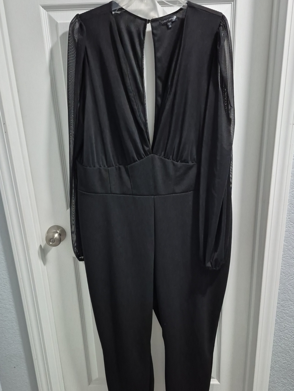 Curvy Sense Black V-Neck Long Sleeve Mesh Sleeve Jumpsuit